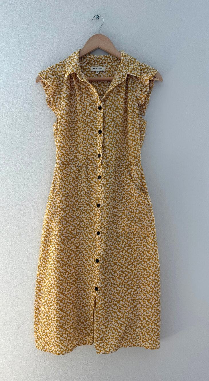 Monteau Mustard Floral Button Front Midi Shirt Dress Small